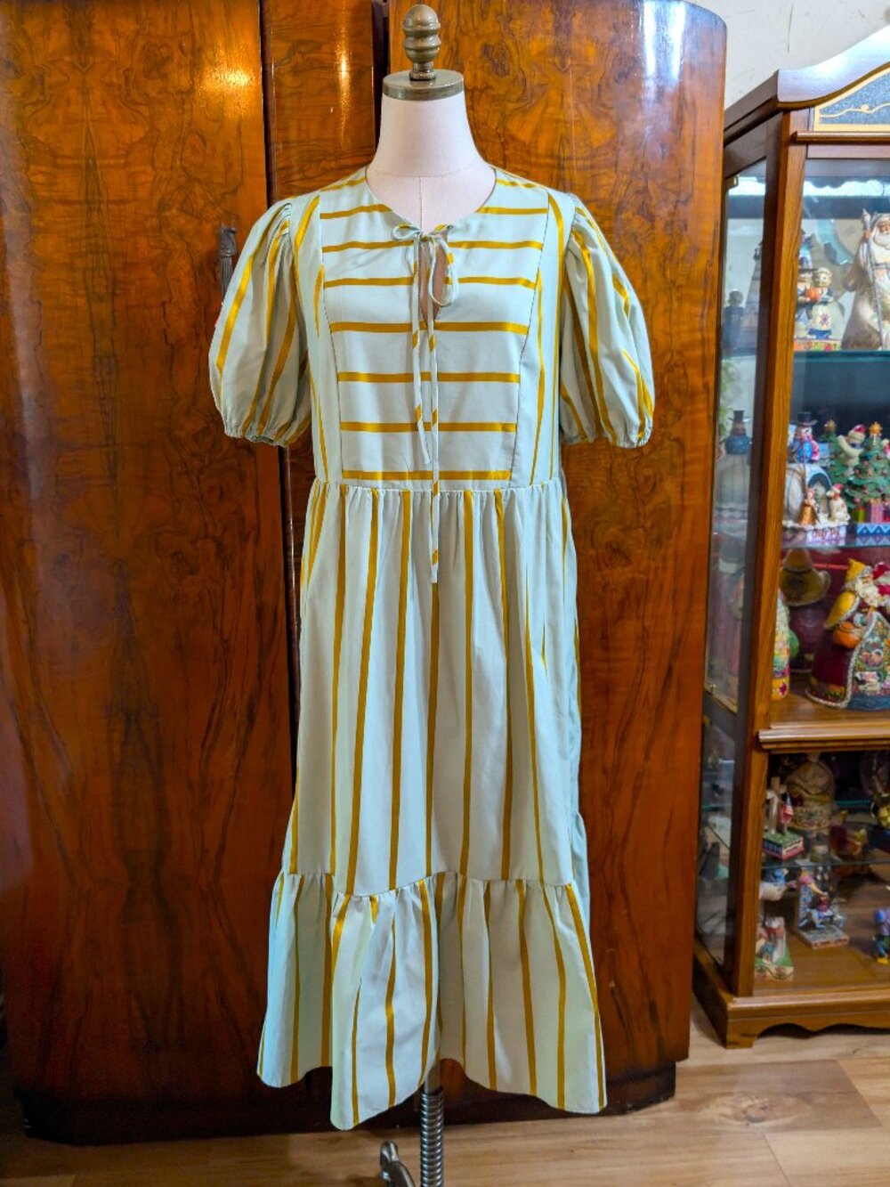 English Factory Stripe Puff Sleeve Midi Dress M Mint Gold Cottagecore Prairie